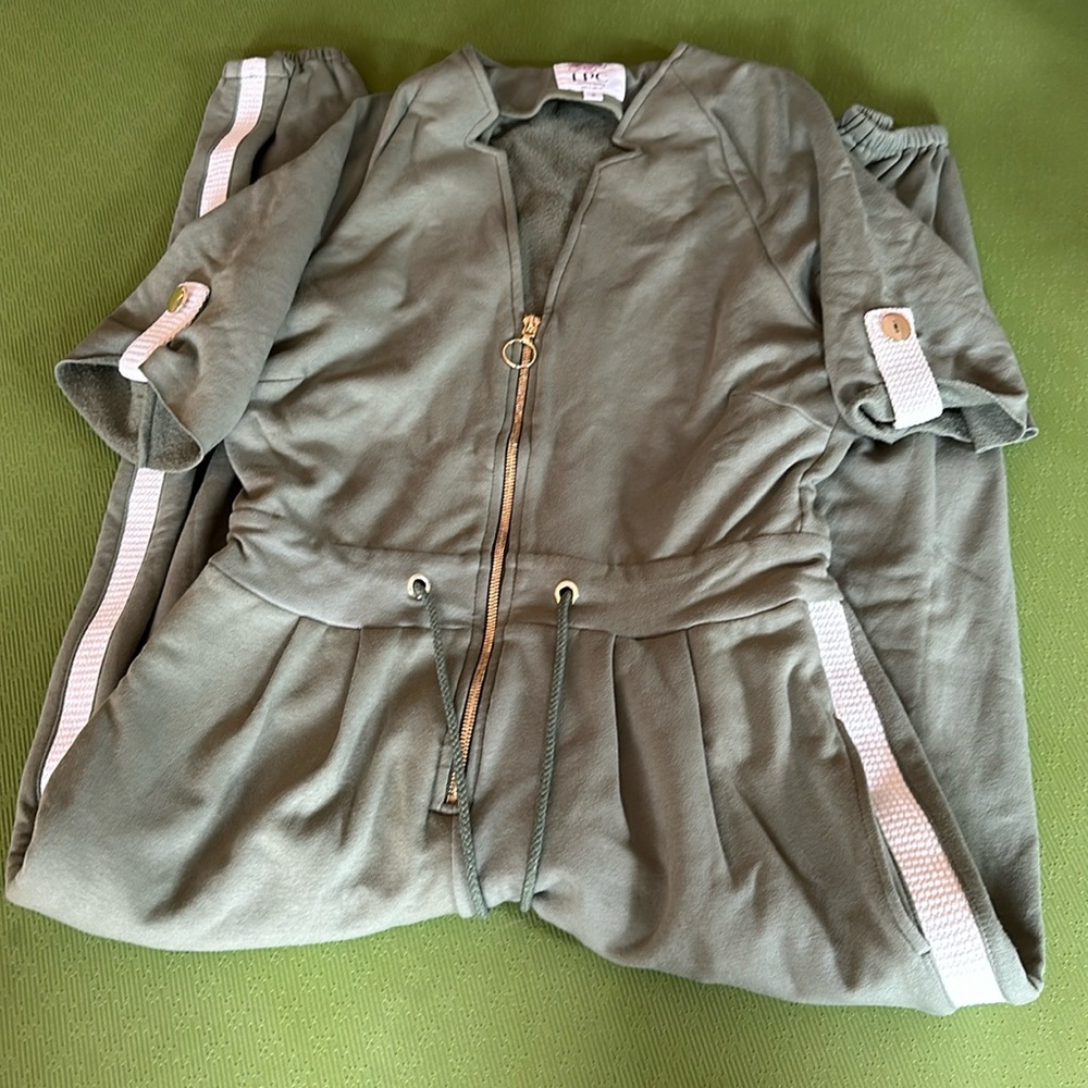 La Peony clothing olive jumpsuit gold accent soft cute small